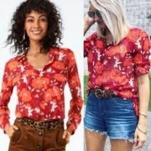 CABI Hothouse Semi Sheer Blouse Red Orange Floral #3766 Medium